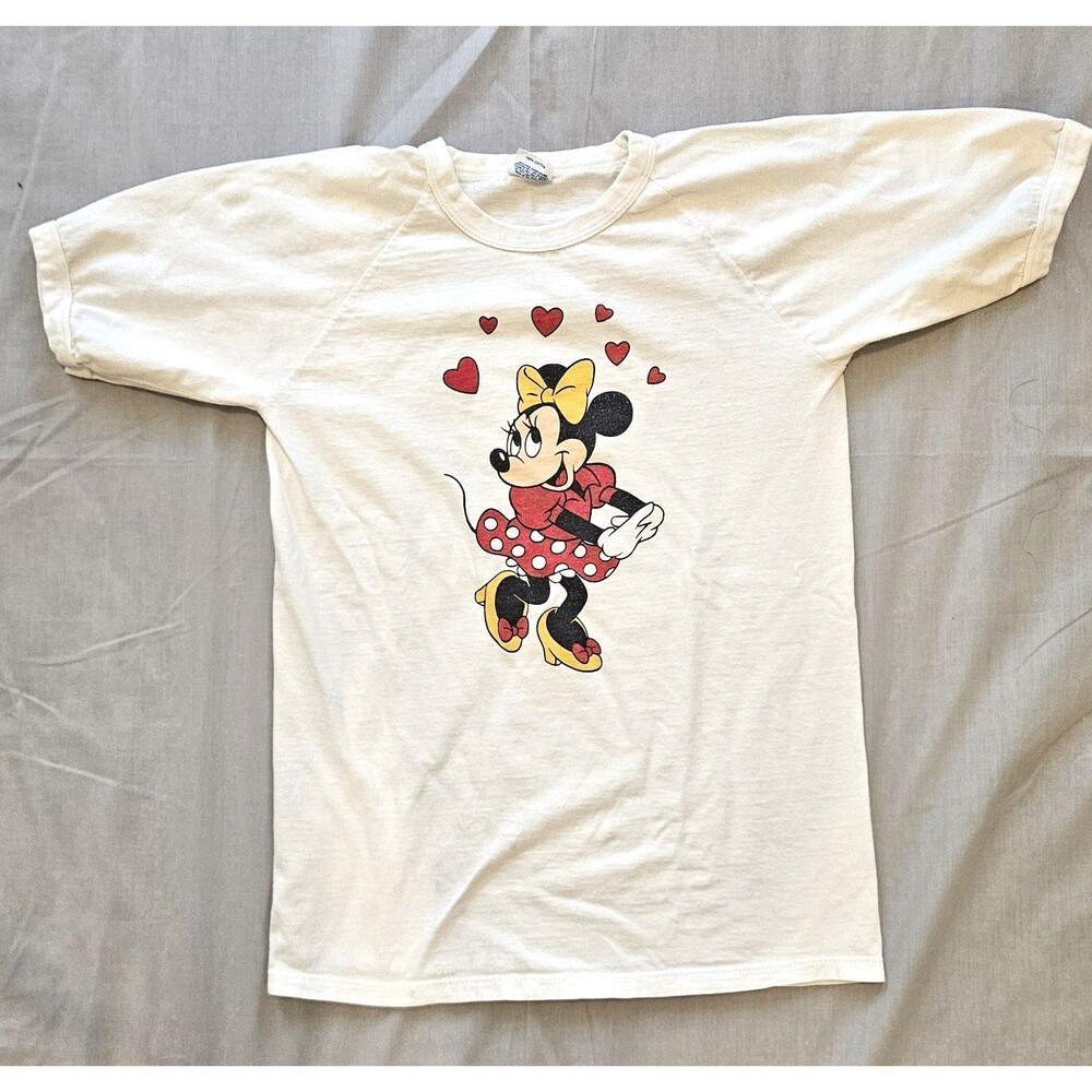 Vintage Minnie Mouse Hearts T-Shirt Disney Made in USA White Graphic Raglan Med